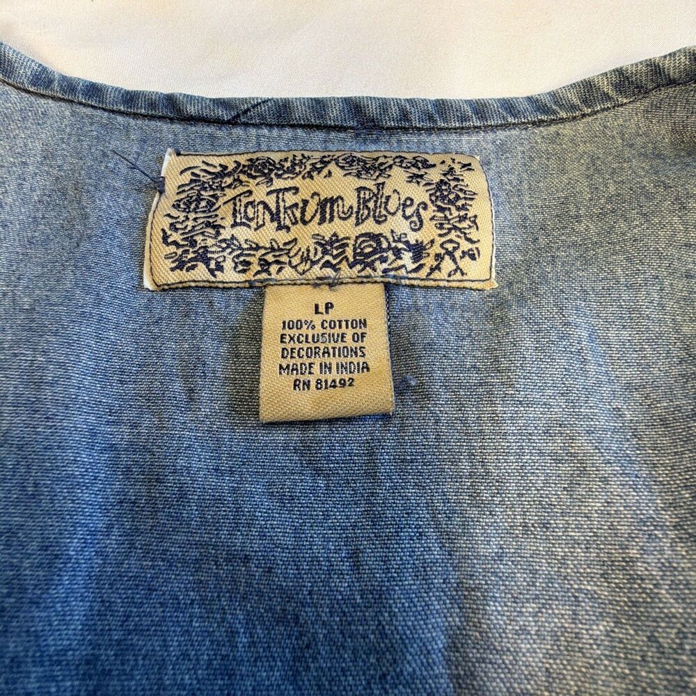 Vtg Tantrum Blues Floral Jean Vest LP Cottagecore Coastal Grandma Boho Lattice - Picture 4 of 11